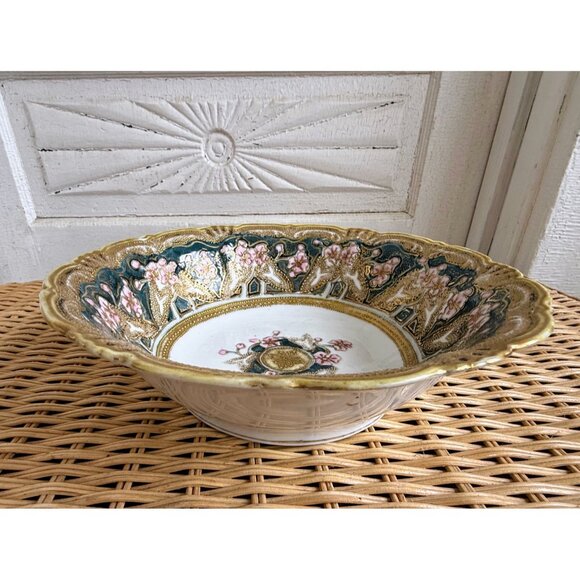 Vintage 40's Nippon Porcelain Bowl Gold Beading Pink Flowers 10" - Picture 2 of 16